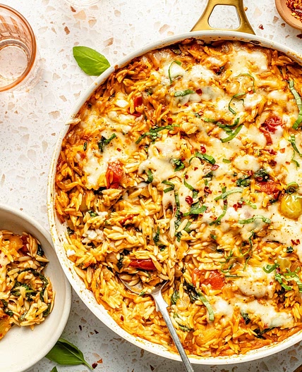 One Pan Tomato Basil Baked Orzo