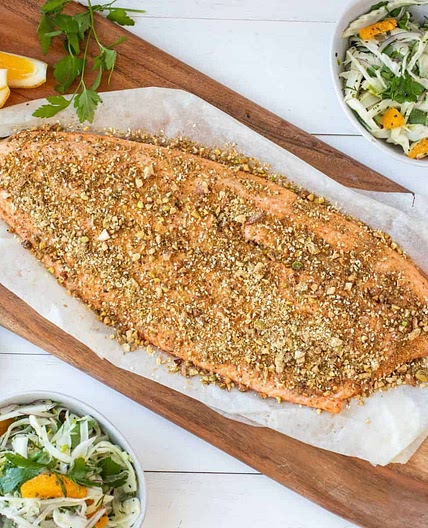 Baked salmon fillet with dukkah