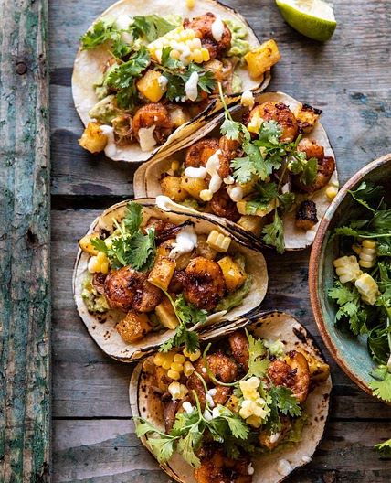 Sheet Pan Hawaiian Pineapple Shrimp Tacos with Creamy Jalapeño Special Sauce