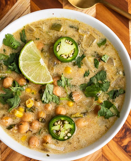 High Protein Chickpea Enchilada Soup with Greek Yogurt