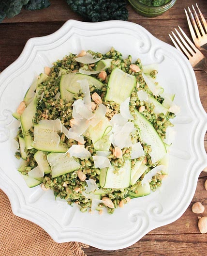 Farro with Kale Pesto, Shaved Zucchini and Parmesan