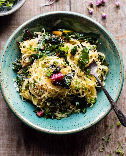 Spaghetti Squash Aglio E Olio with Rainbow Chard