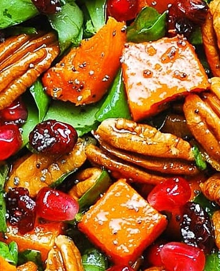 Butternut Squash and Spinach Salad with Pecans, Cranberries, Pomegranate