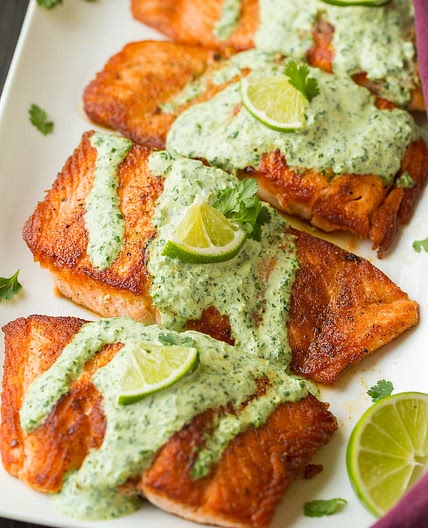 Skillet Seared Salmon with Creamy Cilantro Lime Sauce