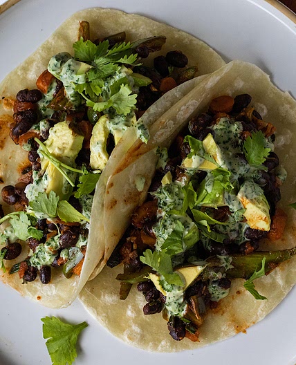 Vegan Fall Black Bean Tacos with Cilantro Lime Tahini Sauce