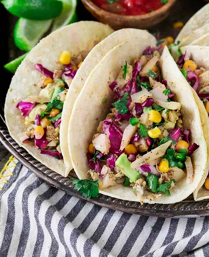 Vegan Fish Tacos with Cilantro-Lime Corn Slaw