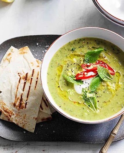 Zucchini, mint and chilli soup with grilled flatbread