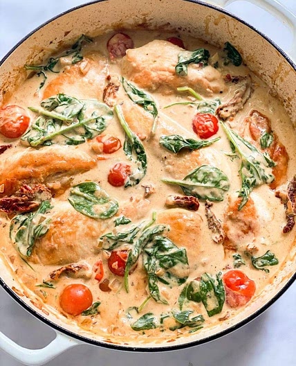 Creamy Skillet Tomato Spinach Chicken Breasts