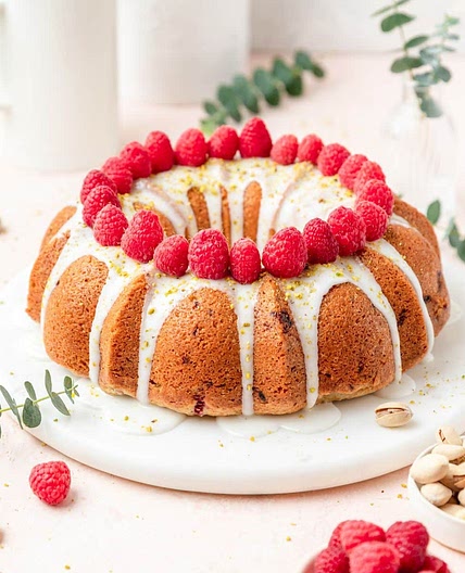 Pistachio Olive Oil Bundt Cake with Raspberries