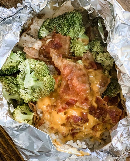 Cheesy Broccoli Chicken and Rice in Foil Packets