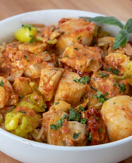 Shrimp and Scallops in a Roasted Red Pepper Sauce