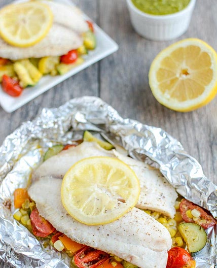 Grilled Foil Packet Tilapia with Pesto Veggies