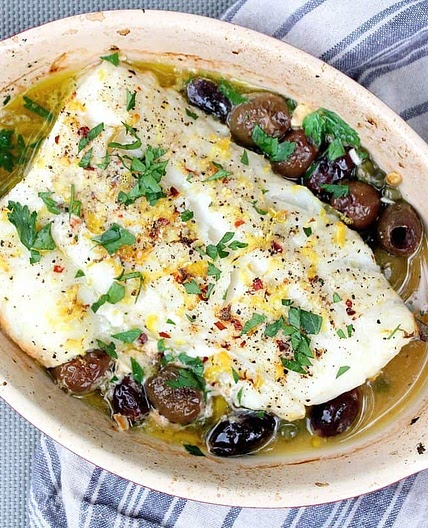 Roasted Cod with Olives, Capers, and Lemon