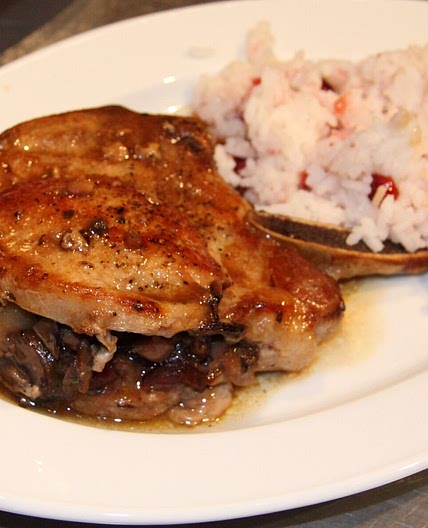 Pork Chops with Dried Cranberries, Mushrooms and Chestnut Stuffing