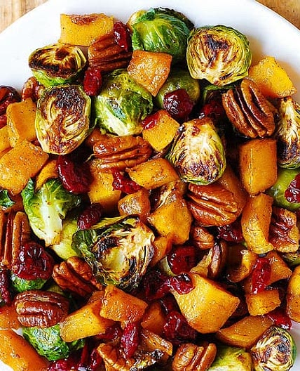 Roasted Brussels Sprouts and Cinnamon Butternut Squash with Pecans and Cranberries