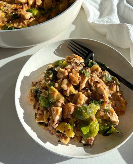 Cheesy Chicken and Brussels Sprouts Casserole with Wild Rice