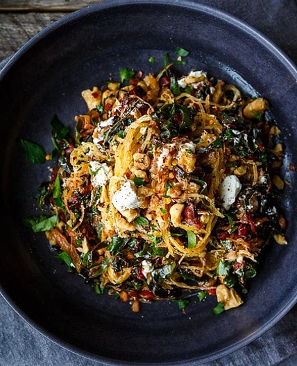 Spaghetti Squash with Chard, Walnuts and Chèvre