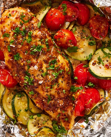 Honey Mustard Chicken, Tomato & Zucchini Foil Packs