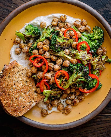 Charred Broccoli and Za’atar Chickpeas with Yogurt Sauce