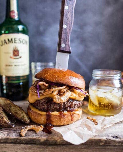 Jameson Whiskey Blue Cheese Burger with Guinness Cheese Sauce + Crispy Onions