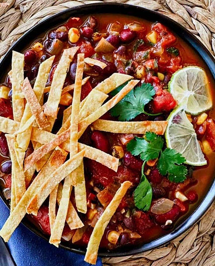Vegan Tortilla Soup With Baked Tortilla Chips