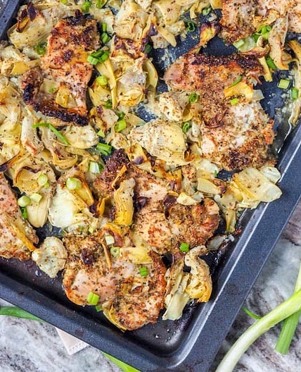 Broiled Chicken Thighs with Artichokes and Garlic