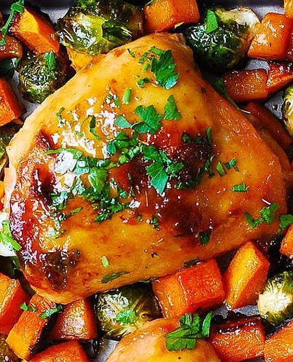 Sheet Pan Maple-Dijon Chicken with Roasted Butternut Squash and Brussels Sprouts