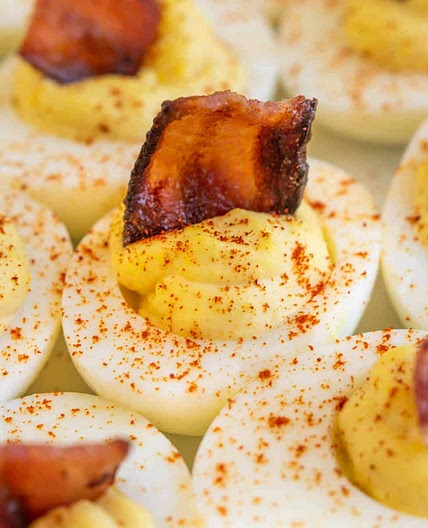 Deviled Eggs with Candied Bacon