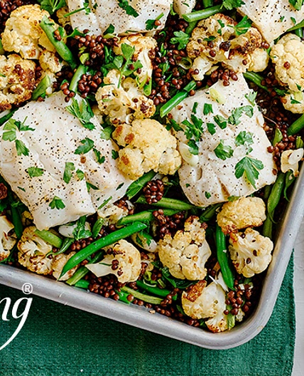 Fish traybake with cauliflower and lentils