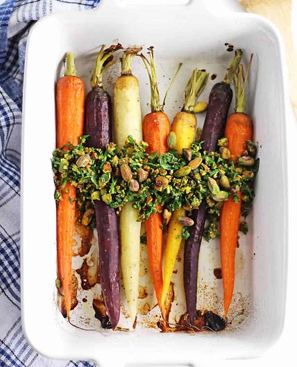 Roasted rainbow carrots with pistachio herb relish