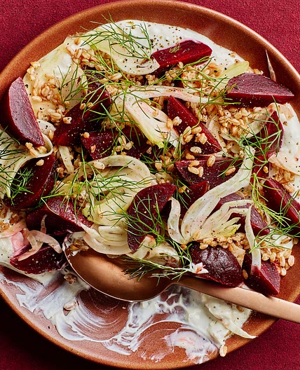 Beets and Farro With Honey-Garlic Goat Cheese