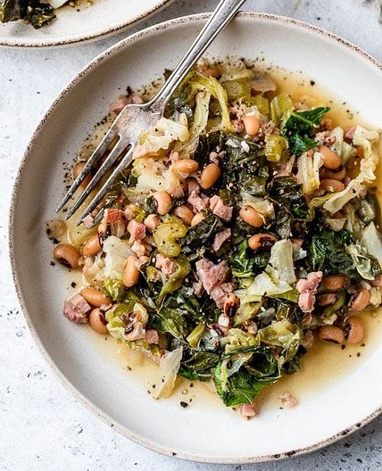 Black-Eyed Peas with Leftover Ham Bone, Collard Greens & Cabbage