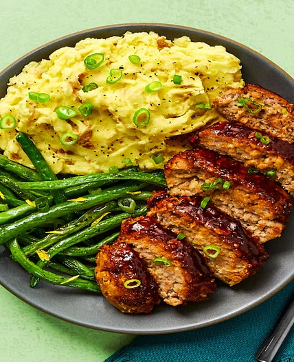 Brown Sugar Bourbon Pork Meatloaves with Apple, Mashed Potatoes & Roasted Green Beans