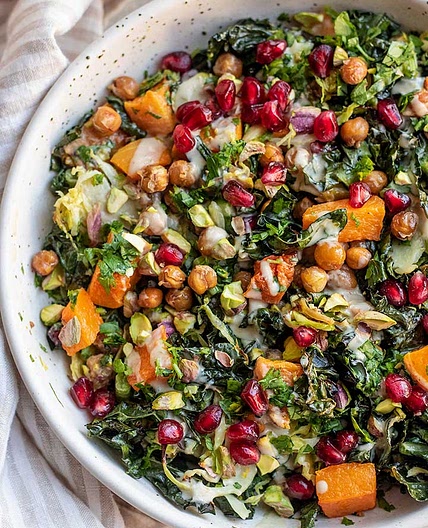Warm Kale Salad with Maple Lime Tahini Dressing