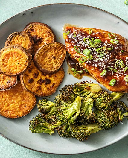 Hoisin Sriracha Chicken with Roasted Sweet Potatoes and Broccoli