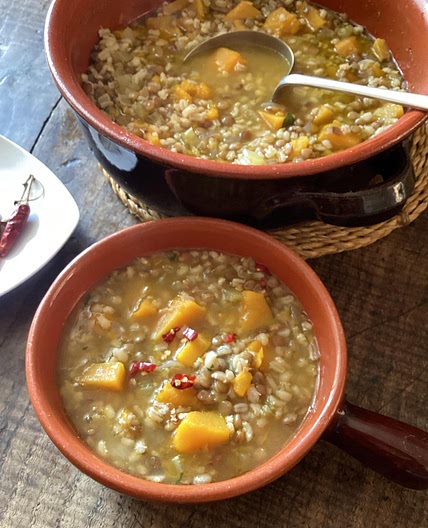 Pumpkin, lentil and barley soup