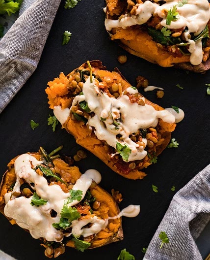 Healthy Baked Sweet Potato with Moroccan Lentils