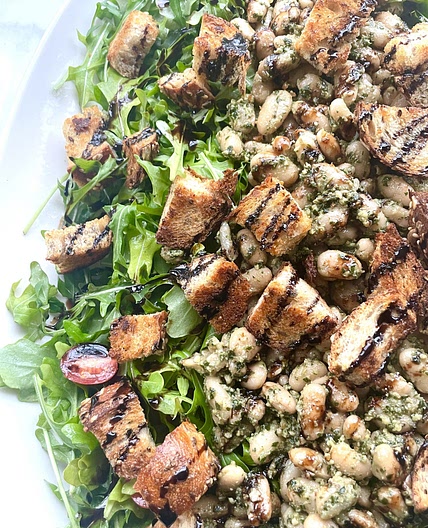 Pesto White Bean Salad with Garlic Croutons (Vegetarian)