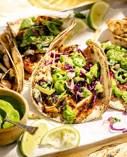 Grilled Fish Tacos with Citrus Slaw and Green Sauce