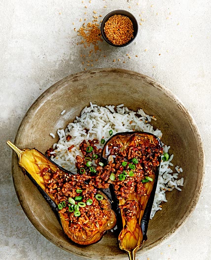 geroosterde aubergine met hoisingehakt