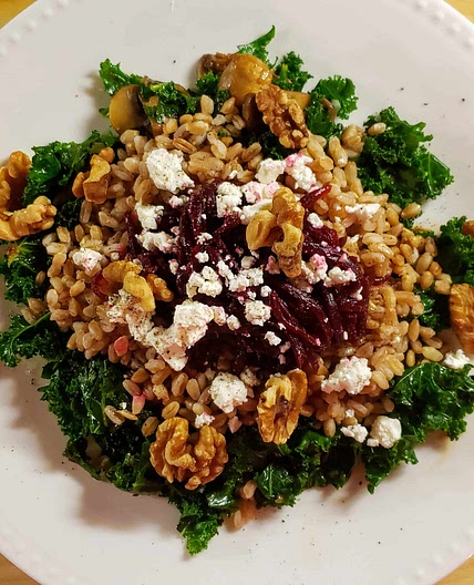 Kale, mushrooms, farro and beets