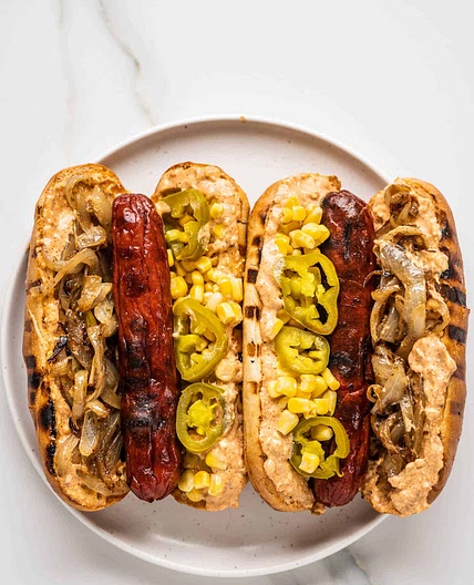 Mexican Hot Dog with Elote Mayo and Pickled Jalapeños