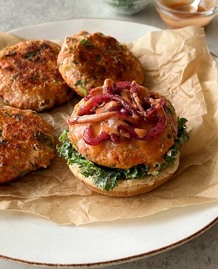 Salmon Burgers with Spicy Slaw