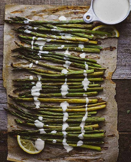 Oven Roasted Asparagus With Lemon Tahini Sauce