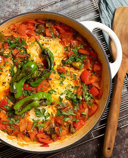 Shakshuka with Blistered Shishito Peppers
