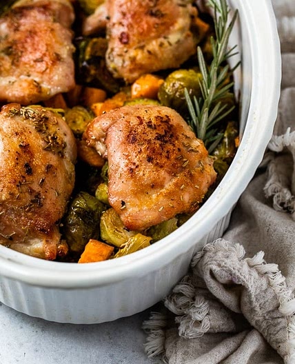 Baked Chicken Thighs with Brussels Sprouts and Sweet Potato