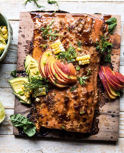 Honey Ginger Cedar Plank Grilled Salmon with Avocado Salsa