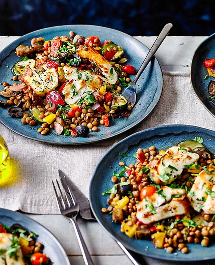 Halloumi and vegetable lentil traybake
