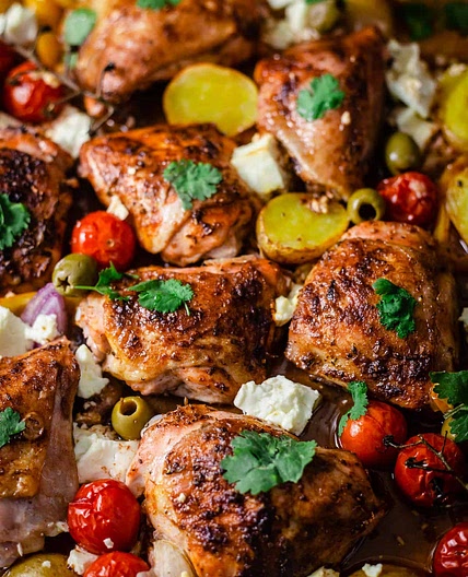 Mediterranean Chicken Tray Bake with Potatoes, Olives, Pepper and Feta