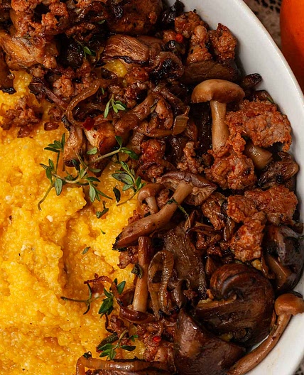 Pumpkin Polenta with Mushrooms and Sausage